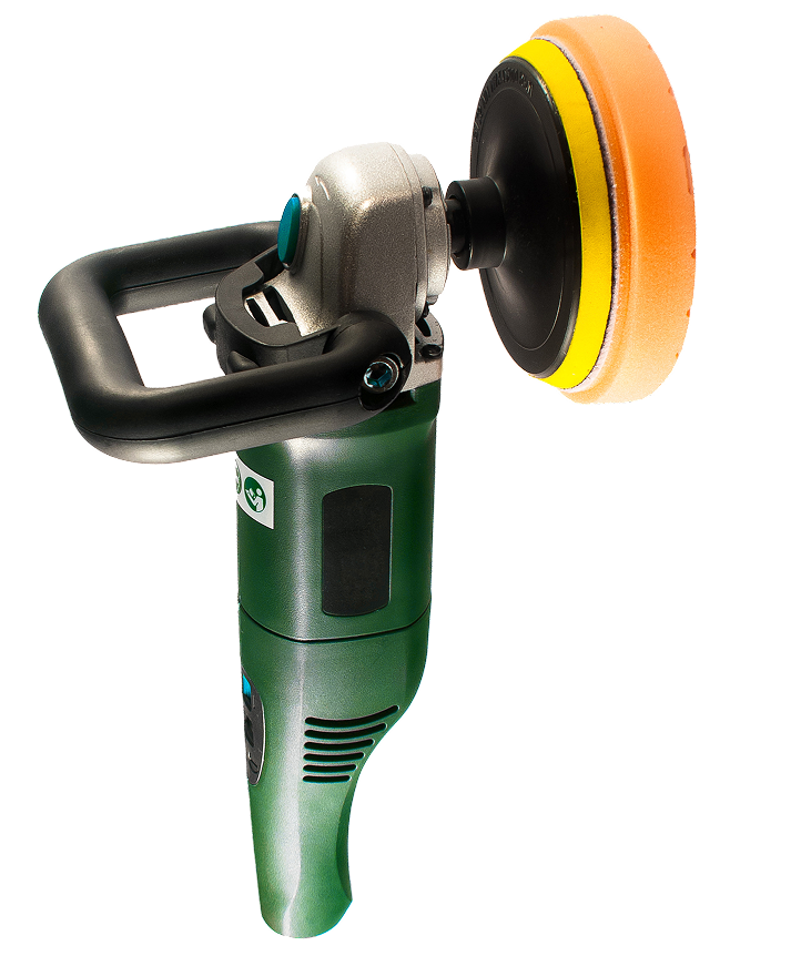 A photo of a green car polisher that could be used for paint correction or ceramic coating at Clean Car Wash and Detail in Fredericksburg, VA.