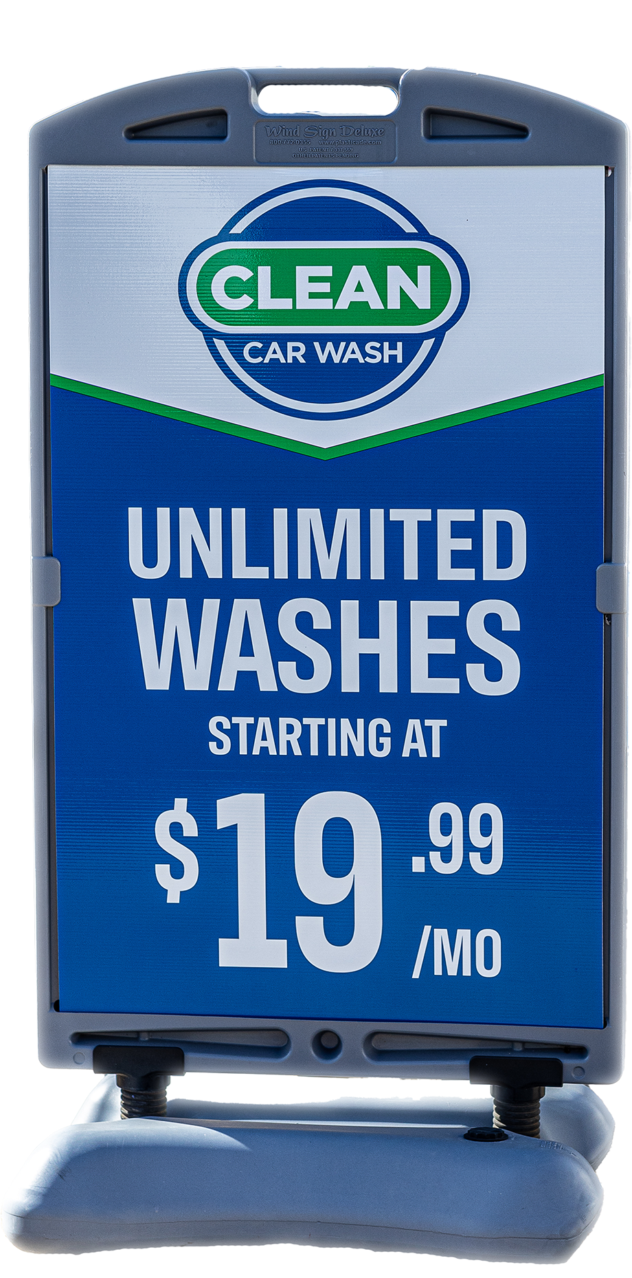 Signage for Clean Car Wash and Detail's car wash membership program starting at $19.99 per month.
