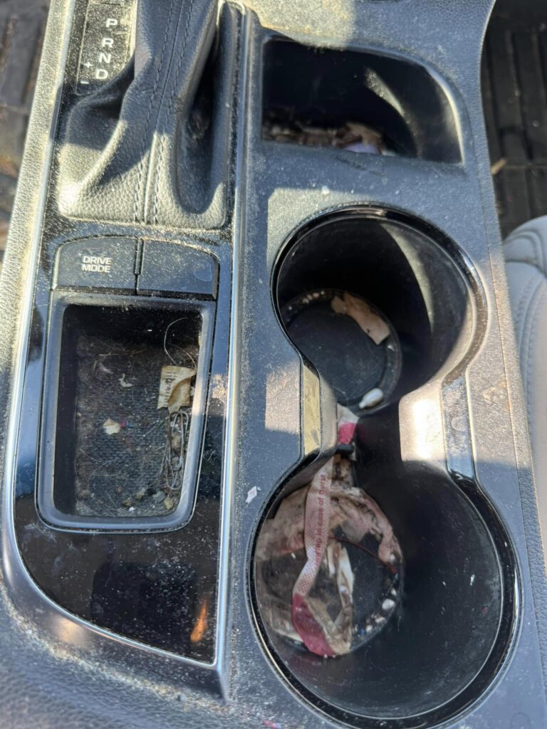 The before photo of the clean center console of a vehicle before a car detailing appointment at Clean Car Wash and Detail in Fredericksburg, VA.
