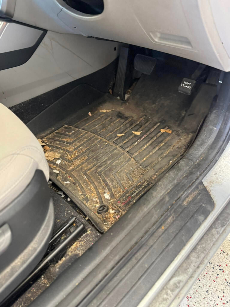 The before photo of the dirty floor mats of a vehicle before a car detailing appointment at Clean Car Wash and Detail in Fredericksburg, VA.