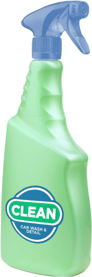 A green and blue spray bottle with the Clean Car Wash and Detail logo on the front of it.